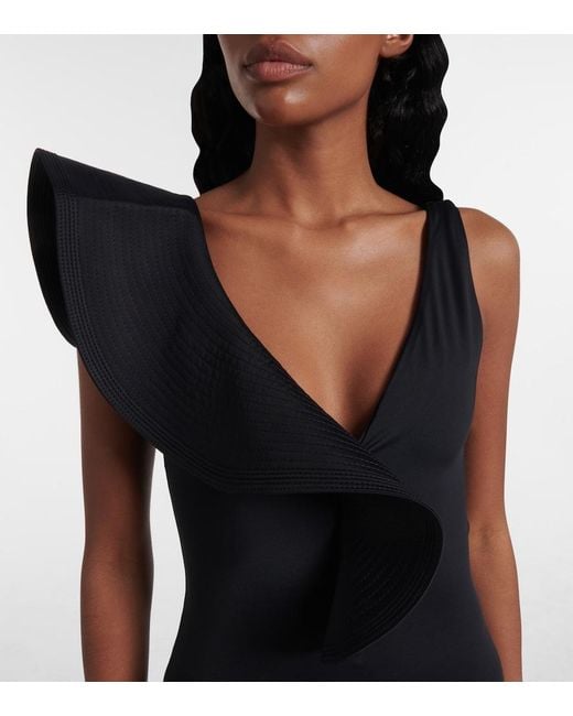 Johanna Ortiz Black Asymmetric Ruffled Swimsuit