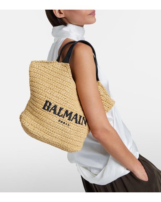 Balmain Metallic Logo Raffia-Effect Top-Handle Bag