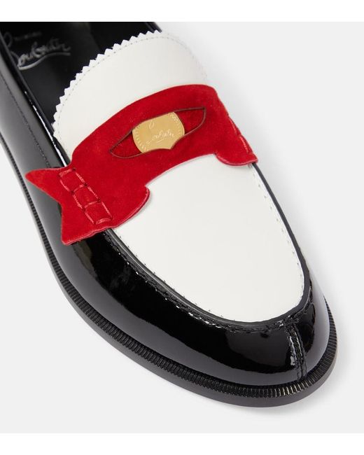 Christian Louboutin Red Penny Suede-Trimmed Patent Leather Penny Loafers