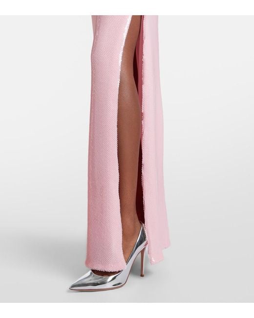 Rodarte Pink Floral-Applique Sequined Peplum Gown