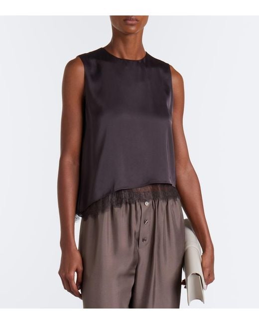 Vince Brown Lace-Trimmed Satin Top