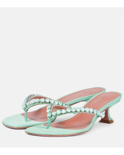 AMINA MUADDI Green Gigi 45 Embellished Satin Thong Sandals