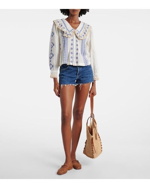 Rixo Blue Percy Embroidered Cotton Blouse