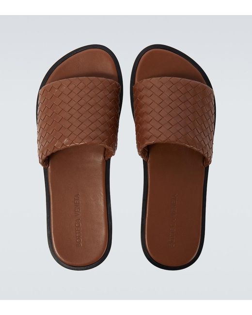 Bottega Veneta Brown Elio Intrecciato Leather Slides for men