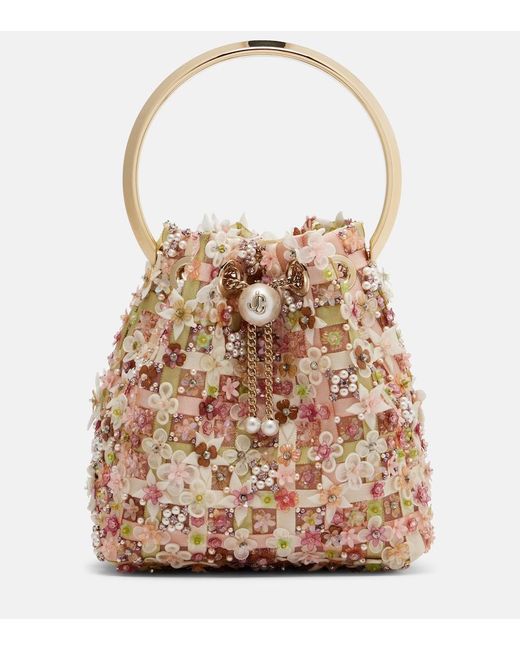 Jimmy Choo Pink Bon Bon Floral Embellished Bucket Bag
