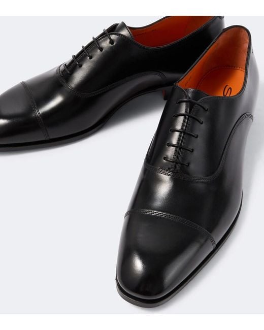 Santoni Black Leather Oxford Shoes for men