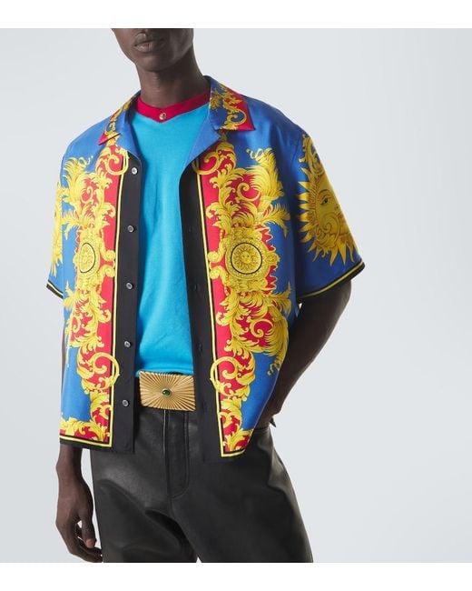 Versace Blue Printed Silk Bowling Shirt for men