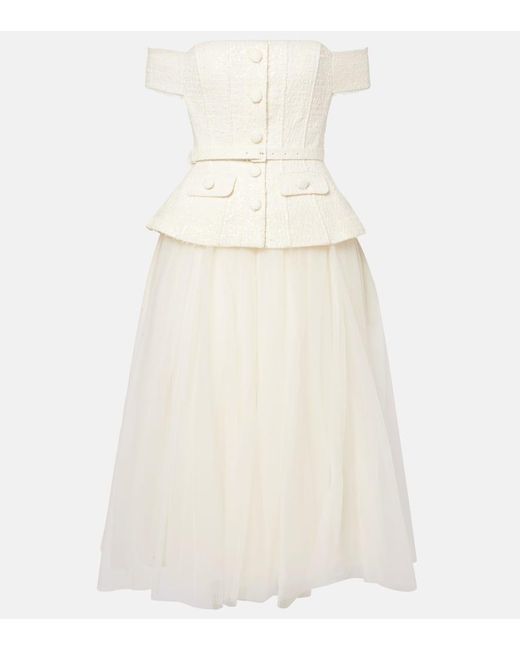 Self-Portrait Natural Bridal Sequined Bow-Detail Peplum Midi Dress