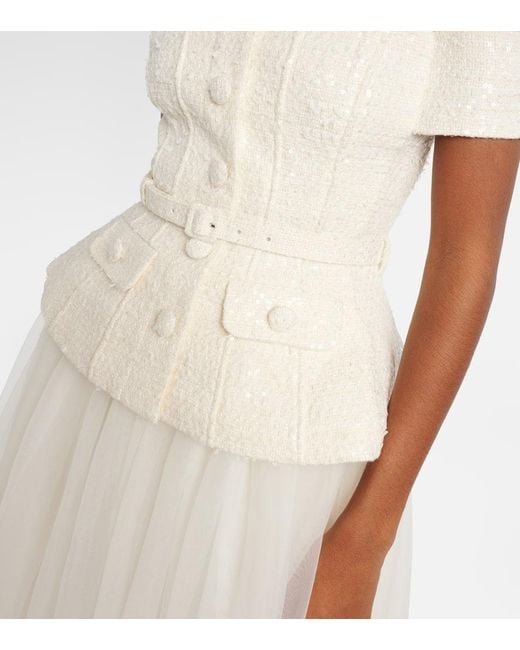 Self-Portrait Natural Bridal Sequined Bow-Detail Peplum Midi Dress