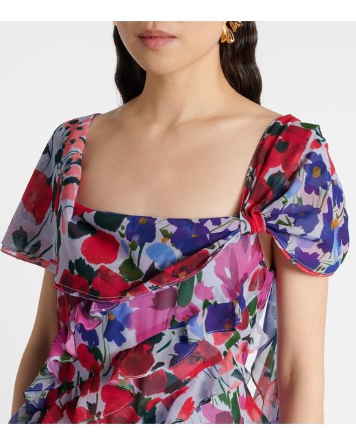 Carolina Herrera White Floral Ruffled Chiffon Gown