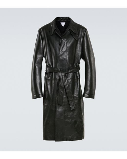 Bottega Veneta Black Leather Trench Coat for men