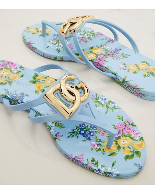 Dolce & Gabbana Blue Floral Thong Sandals