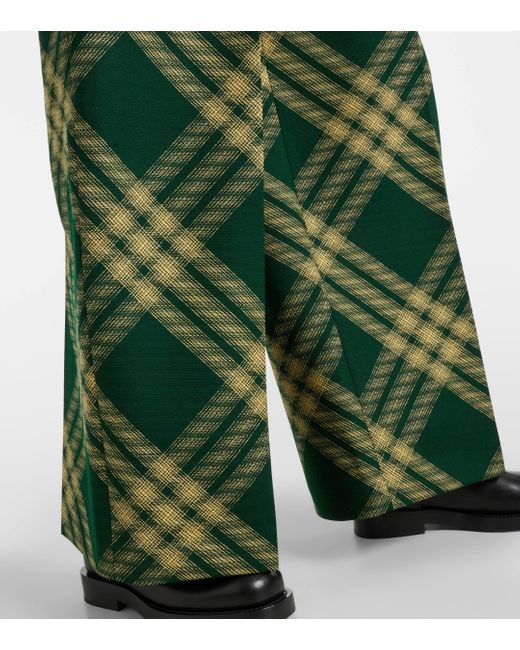 Burberry Green Checked Wool Twill Wide-leg Pants