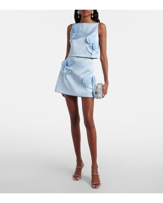Self-Portrait Blue Floral-Applique Satin Miniskirt
