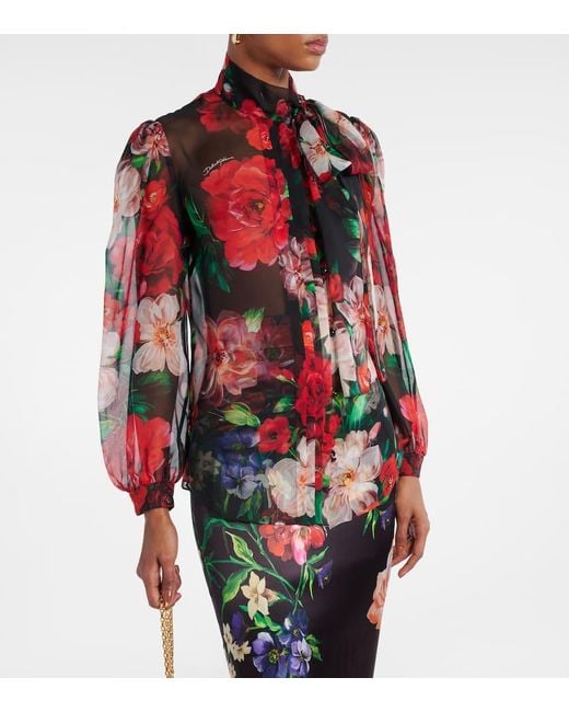 Dolce & Gabbana Red Floral Tie-Neck Silk Organza Blouse