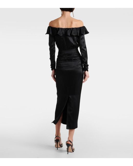 Alessandra Rich Black Off-Shoulder Silk Midi Dress