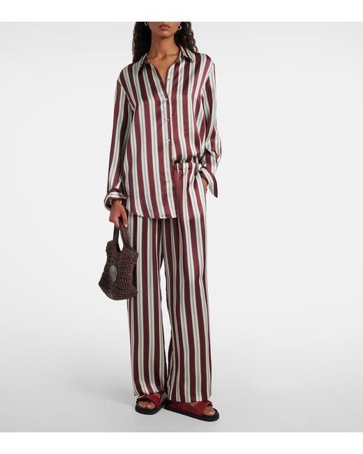 Asceno Red Striped Silk Satin Pajama Shirt