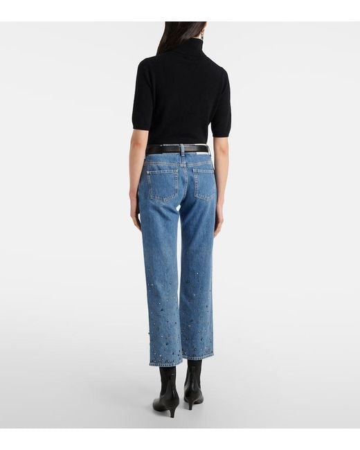 7 For All Mankind Blue Calie Embellished Cropped Straight Jeans