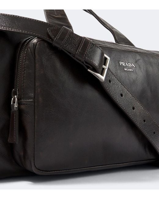 Prada Black Distressed Leather Duffel Bag for men