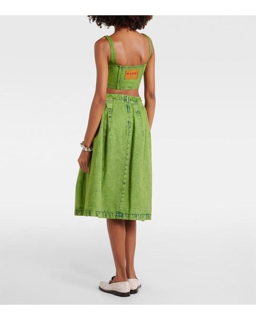 Marni Green Pleated Denim Midi Skirt
