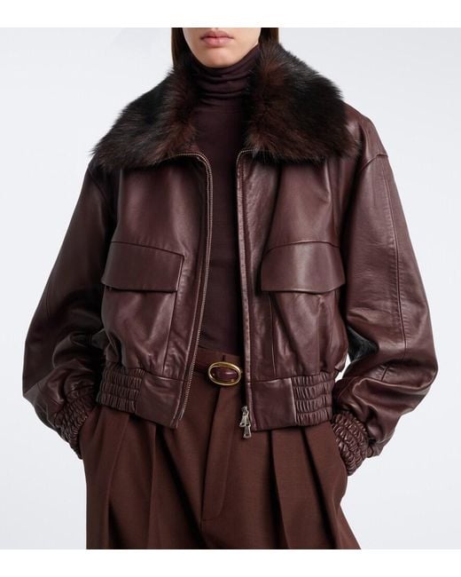 Nour Hammour Brown Shearling-Trimmed Leather Blouson Jacket