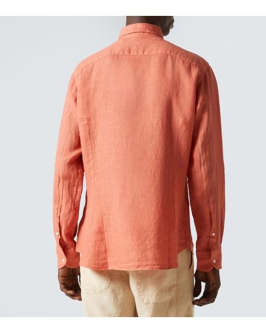 Fedeli Orange Linen Oxford Shirt for men