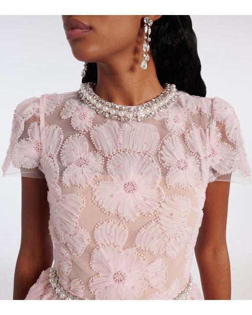 Self-Portrait Pink Embellished Floral Tulle Gown