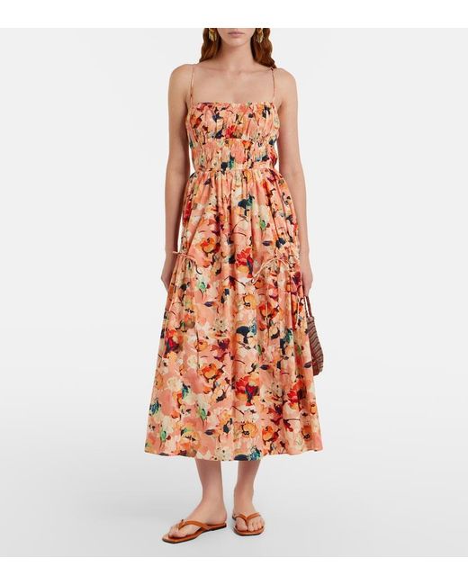 Ulla Johnson Orange Vidri Floral Cotton Poplin Midi Dress