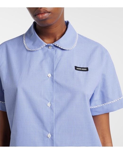 Miu Miu Blue Gingham Lace-Trimmed Cotton Poplin Shirt