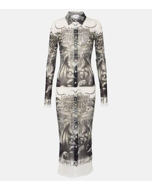 Jean Paul Gaultier White Bedrucktes Hemdblusenkleid aus Mesh