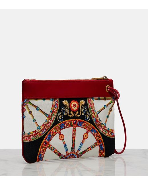 Dolce & Gabbana Red Small Printed Leather-Trimmed Canvas Pouch