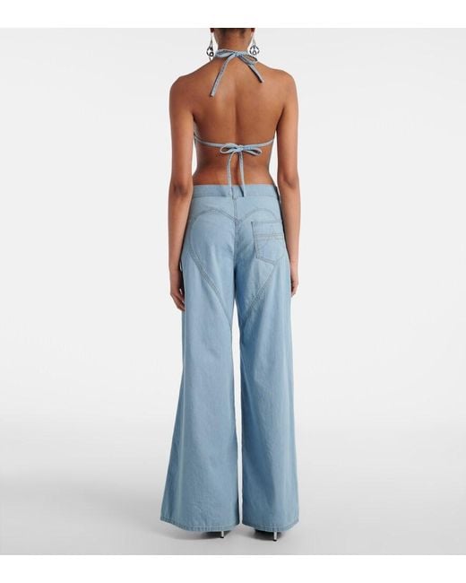 Area Blue Embellished Floral-Applique Wide-Leg Jeans