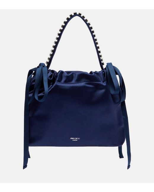Jimmy Choo Blue Drawstring Mini Embellished Satin Top-Handle Bag