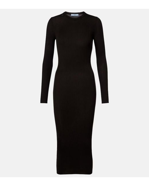 Prada Black Ribbed-Knit Virgin Wool Midi Dress