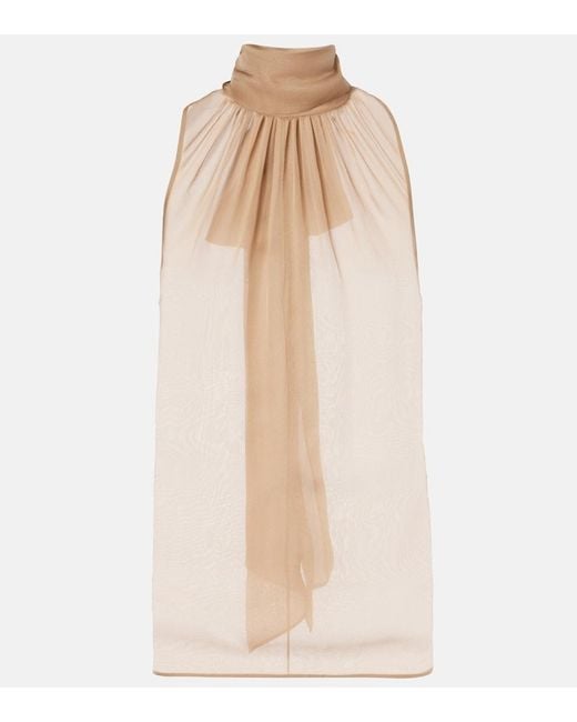 Saint Laurent Natural Gathered Tie-Detailed Silk-Chiffon Blouse