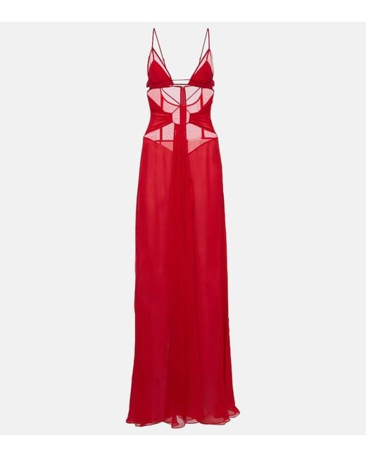 Nensi Dojaka Red Silk And Mesh-paneled Gown