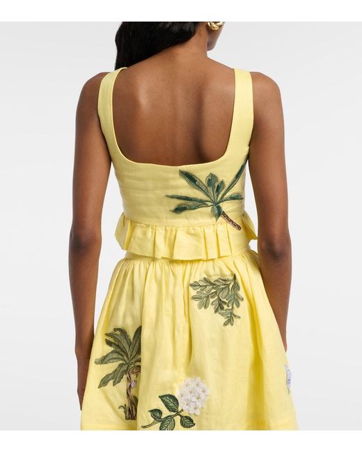 Agua Bendita Yellow Eslabon Floral-Applique Linen Crop Top