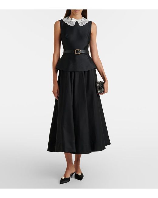 Self-Portrait Black Belted Peplum Taffeta Midi Dress