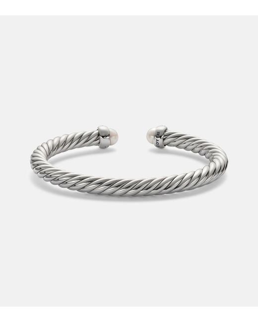David Yurman Metallic Cable Flex Sterling Bracelet With Diamonds And Pearls