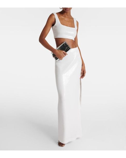 Galvan White Bridal Beating Heart Sequined Crop Top