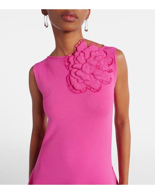 Oscar de la Renta Pink Floral-Applique Asymmetric Cocktail Dress