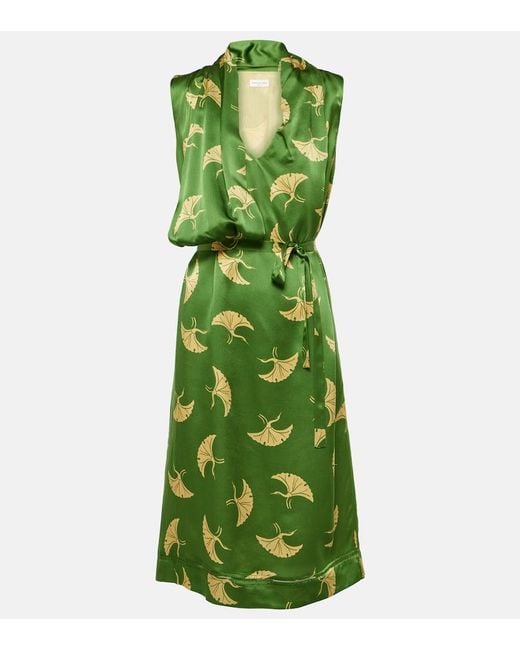 存在感絶大【Dries Van Noten】Printed satin midi dress Printed satin wrap dress in green - Dries Van Noten | Mytheresa
