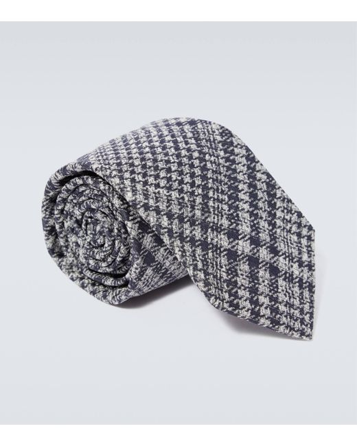 Kiton Blue Checked Silk And Linen Tie for men