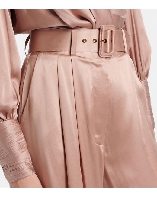 Zimmermann Pink Belted Pleated Silk Satin Wide-Leg Pants