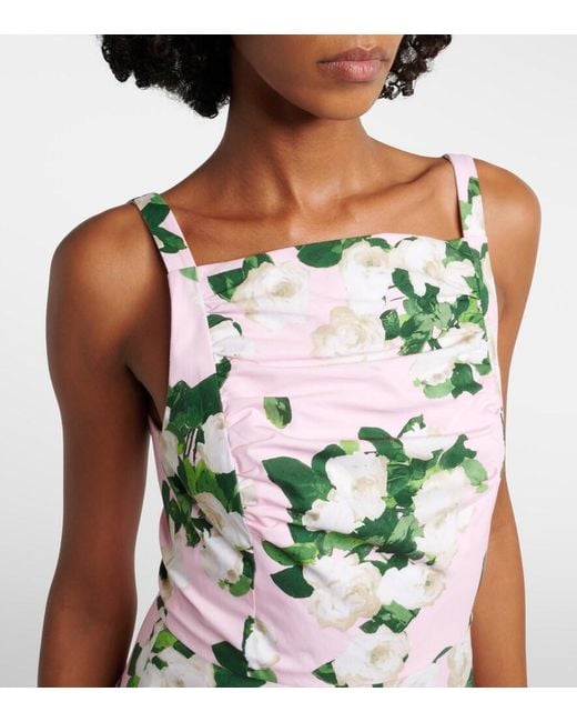 Carolina Herrera White Floral Pleated Cotton-Blend Midi Dress
