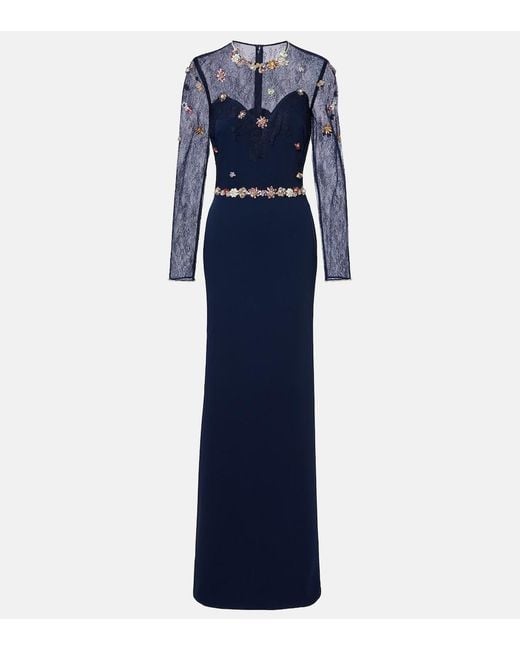 Costarellos Blue Embellished Lace-Trimmed Gown