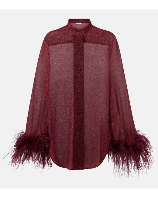 Oseree Red Lumiere Feather-Trimmed Shirt