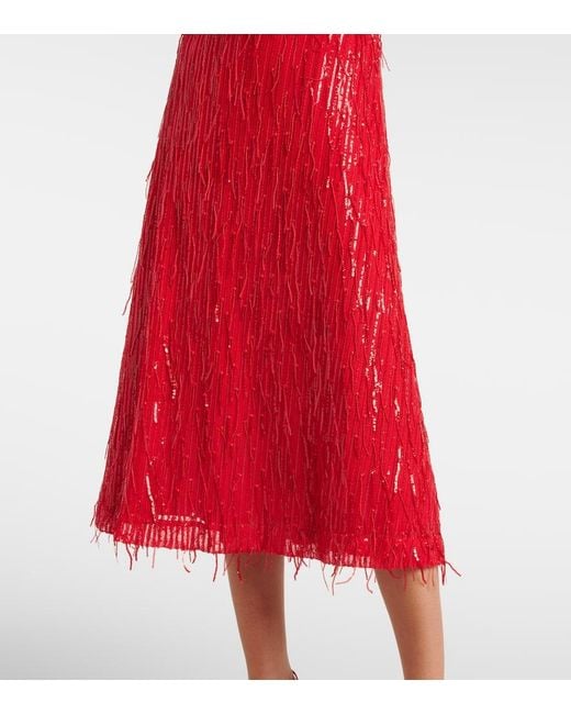 ROTATE BIRGER CHRISTENSEN Red Sequined Puff-Sleeve Midi Dress