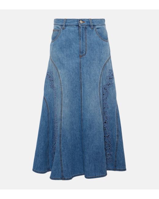 Chloé Blue Embroidered Denim Midi Skirt