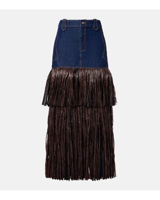Johanna Ortiz Blue Fringed Denim Maxi Dress